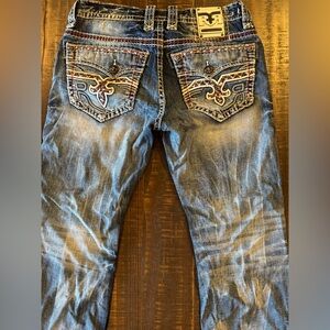 Rock Revival 33/32 Men's Blue Embroidered Jeans